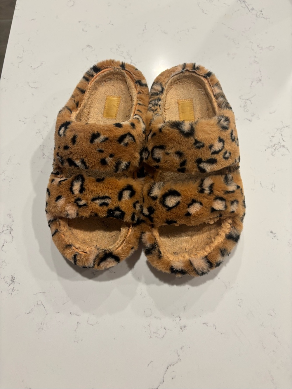 CROCS Leopard Fuzz Slide Sandals in Tan and Black
